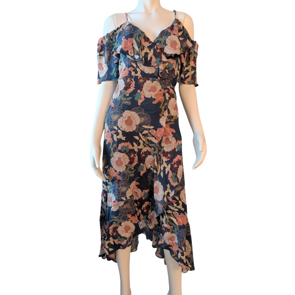 NWT Lulus Fully Bloomed Blue Floral Print Off-the-Shoulder Maxi Wrap Dress Sze S